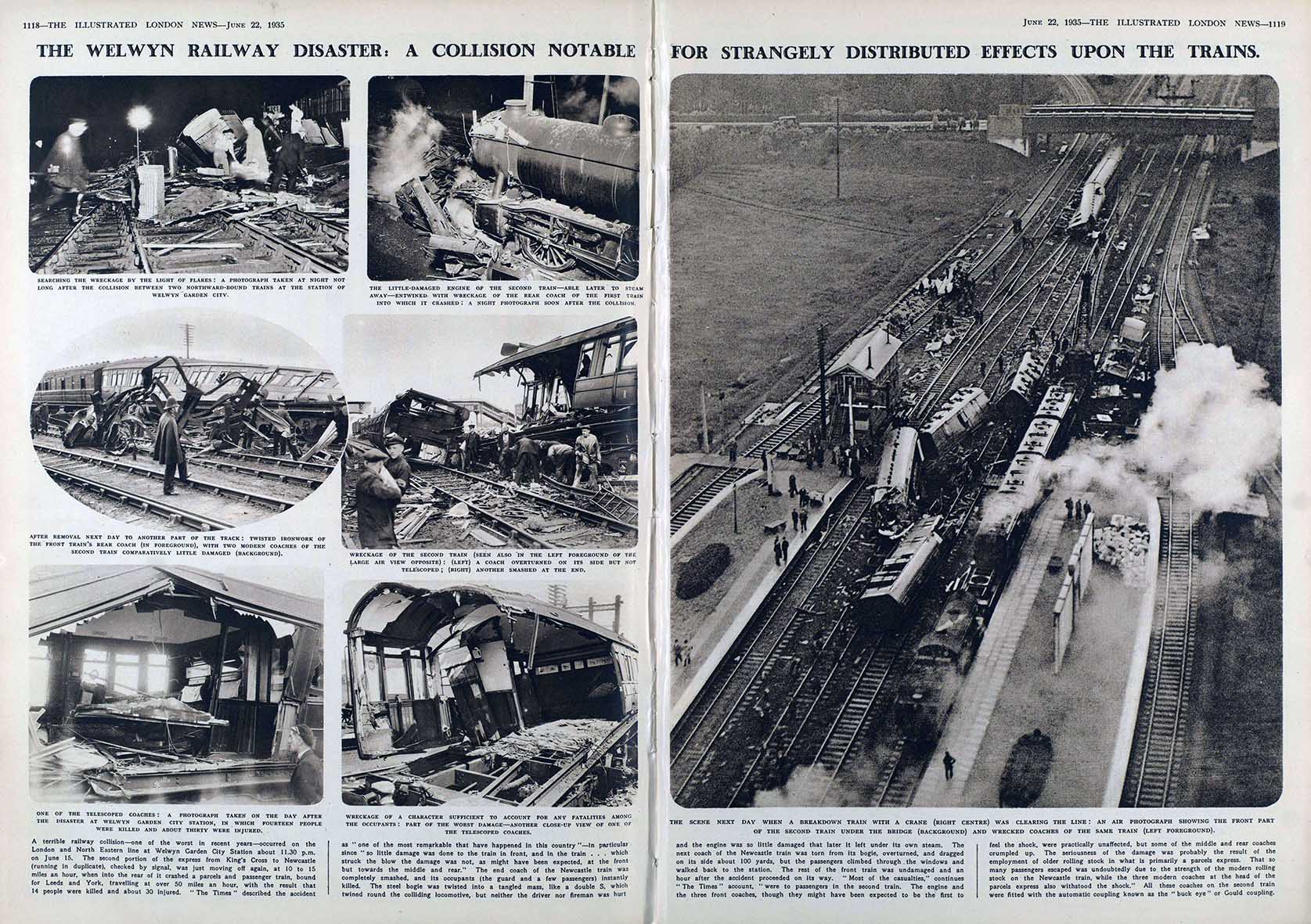 A double page spread from The Illustrated London News reporting on the fatal collision at Welwyn Garden City on 15 June 1935 between two LNER trains, one from King's Cross to Leeds, the other from King's Cross to Newcastle. Picture courtesy Illustrated London News / Mary Evans Picture Library.