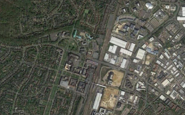 An aerial view of Welwyn Garden City from Google showing the traces of the two branch lines today.